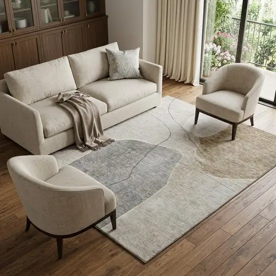 Beige And Brown Abstract Washable Area Rug With UV Protection Photo 1