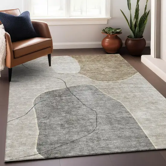 Beige And Brown Abstract Washable Area Rug With UV Protection Photo 4