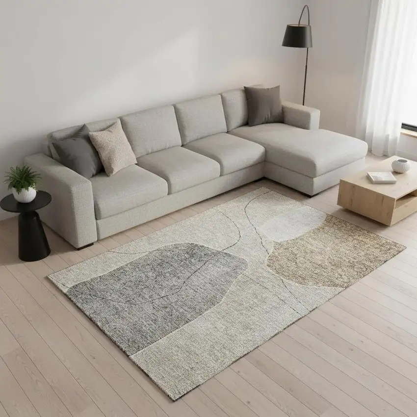 Beige And Brown Abstract Washable Area Rug With UV Protection Photo 1