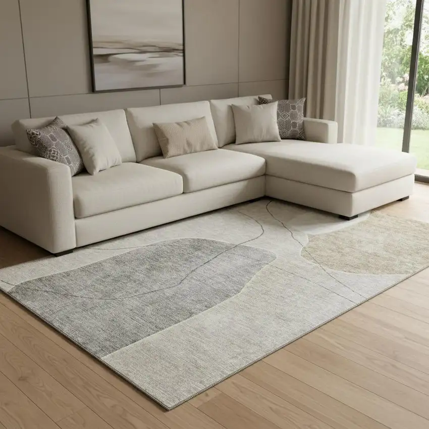 Beige And Brown Abstract Washable Area Rug With UV Protection Photo 1