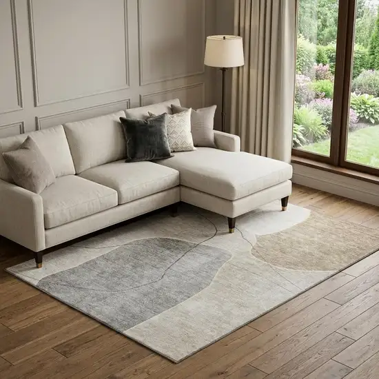 Beige And Brown Abstract Washable Area Rug With UV Protection Photo 1