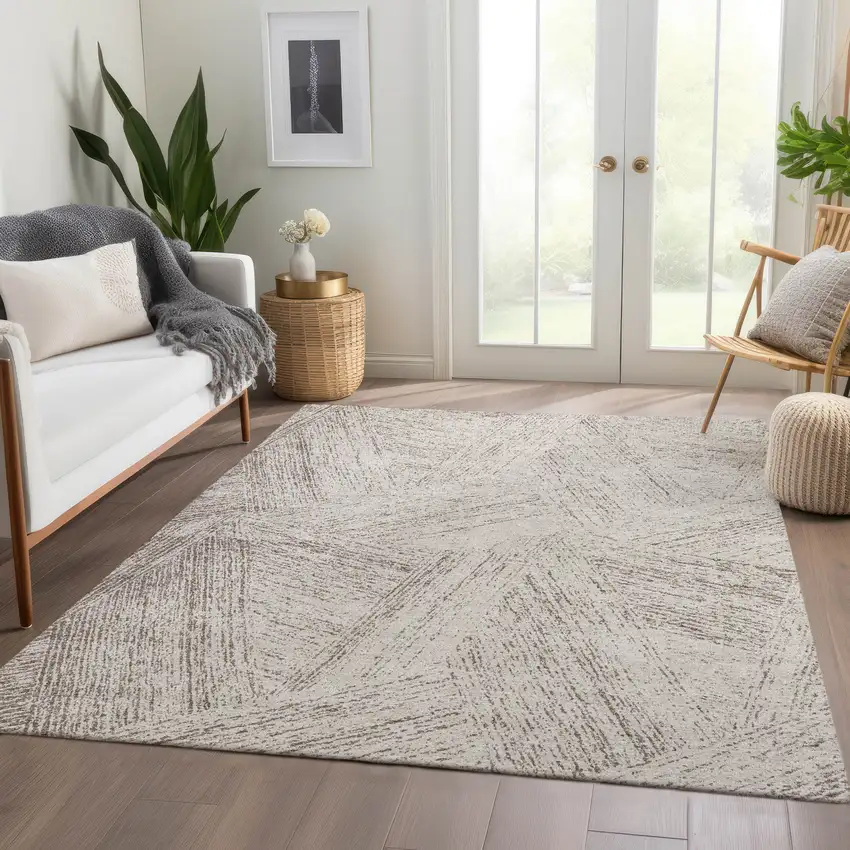 Beige And Brown Abstract Washable Area Rug With UV Protection Photo 4