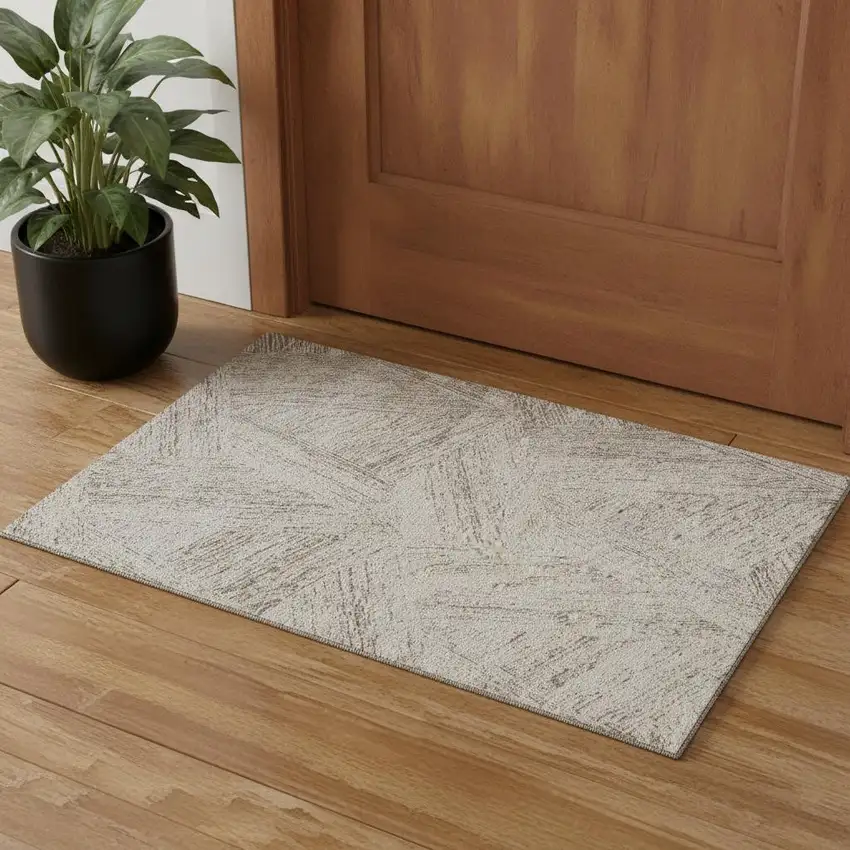 Beige And Brown Abstract Washable Area Rug With UV Protection Photo 1