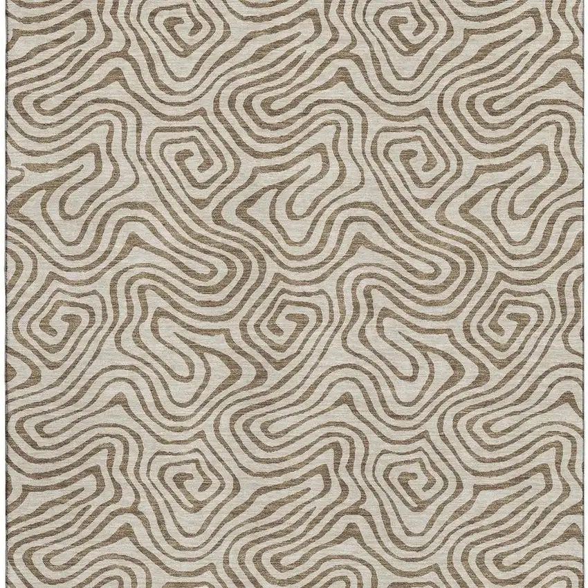 Beige And Brown Abstract Washable Area Rug With UV Protection Photo 2