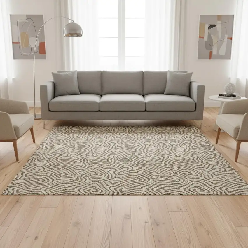 Beige And Brown Abstract Washable Area Rug With UV Protection Photo 2