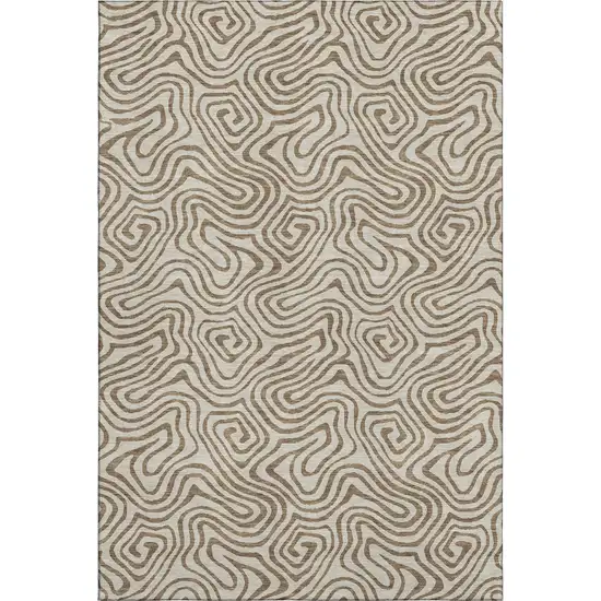 Beige And Brown Abstract Washable Area Rug With UV Protection Photo 1