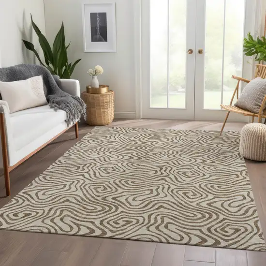 Beige And Brown Abstract Washable Area Rug With UV Protection Photo 4