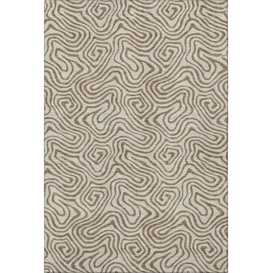 Beige And Brown Abstract Washable Area Rug With UV Protection Photo 2