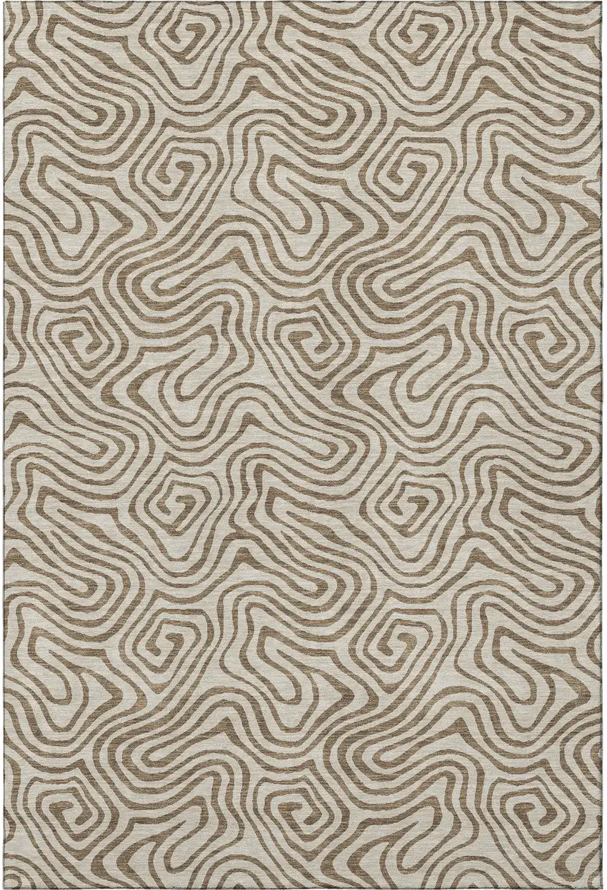 Beige And Brown Abstract Washable Area Rug With UV Protection Photo 2