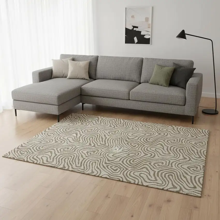 Beige And Brown Abstract Washable Area Rug With UV Protection Photo 2