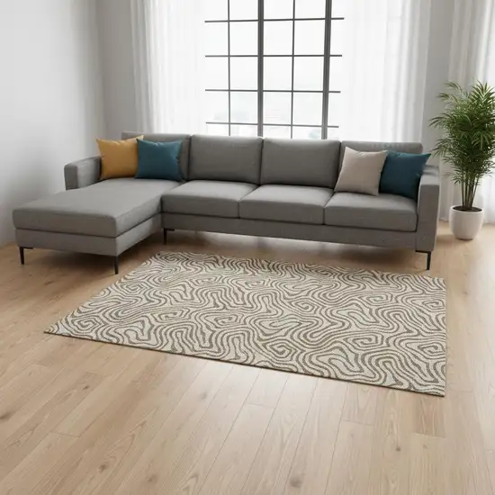 Beige And Brown Abstract Washable Area Rug With UV Protection Photo 2