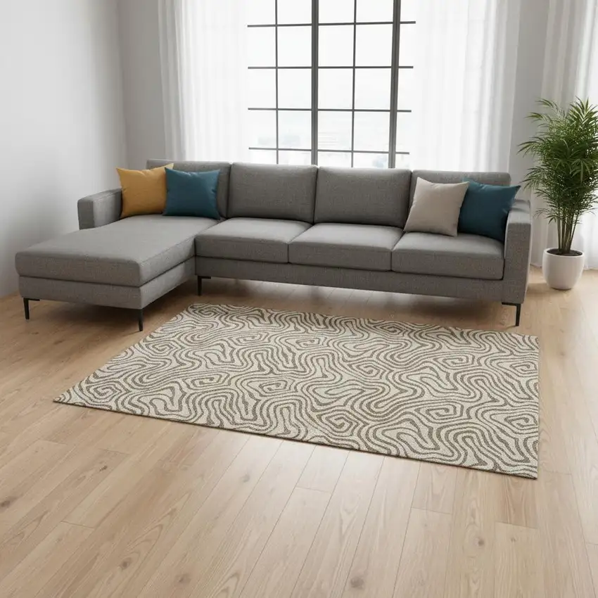 Beige And Brown Abstract Washable Area Rug With UV Protection Photo 2