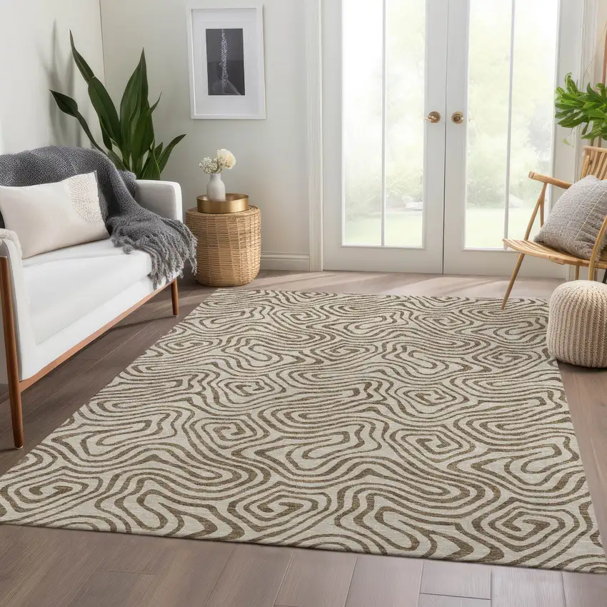 Beige And Brown Abstract Washable Area Rug With UV Protection Photo 5
