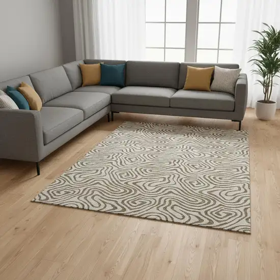 Beige And Brown Abstract Washable Area Rug With UV Protection Photo 2