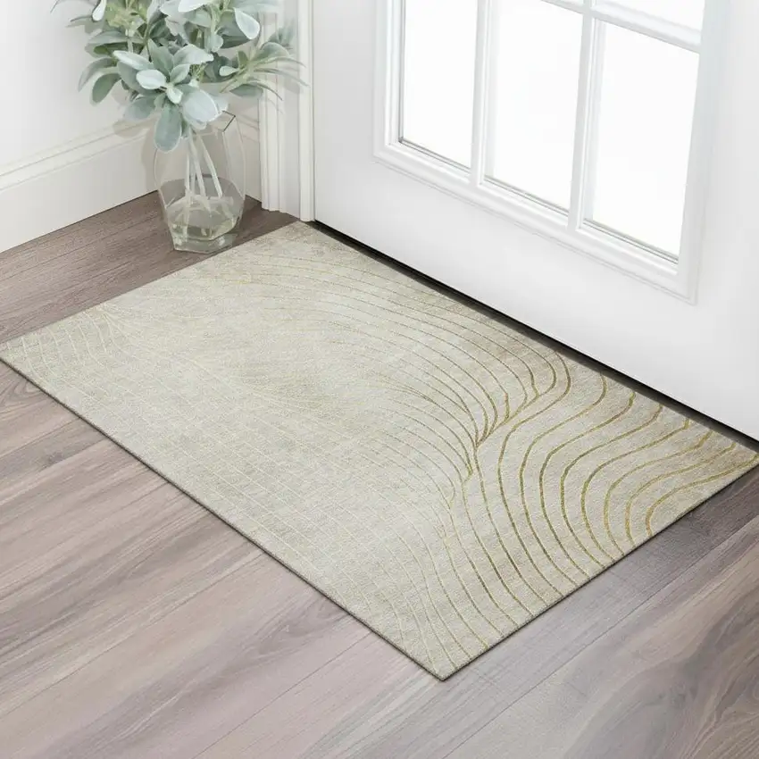 Beige And Brown Abstract Washable Area Rug With UV Protection Photo 2