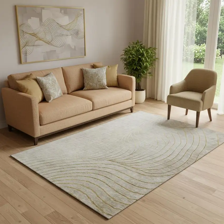 Beige And Brown Abstract Washable Area Rug With UV Protection Photo 2