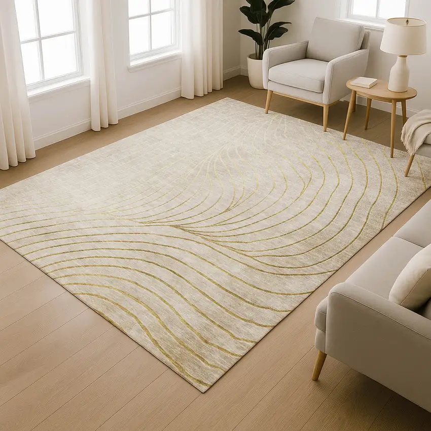 Beige And Brown Abstract Washable Area Rug With UV Protection Photo 6