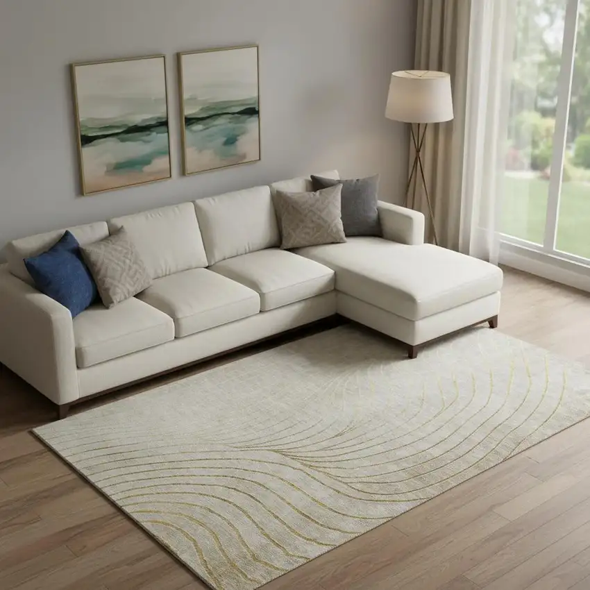 Beige And Brown Abstract Washable Area Rug With UV Protection Photo 2