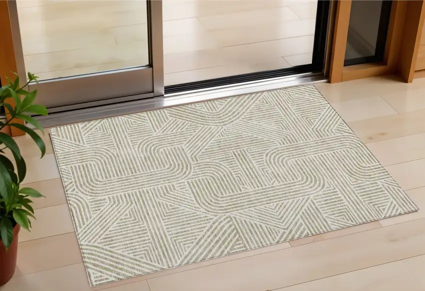 Beige And Brown Abstract Washable Indoor Outdoor Area Rug Photo 1