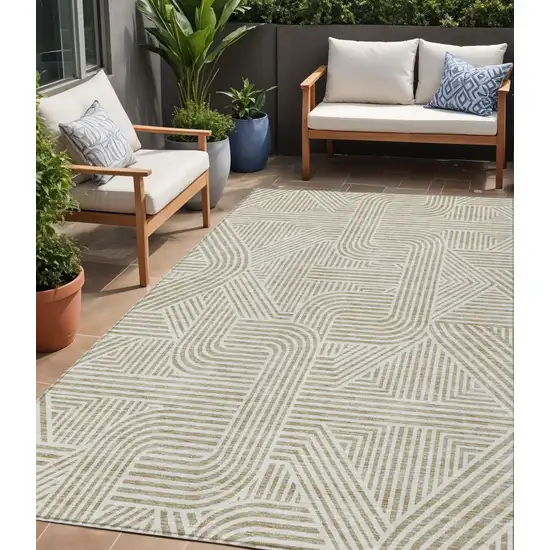 Beige And Brown Abstract Washable Indoor Outdoor Area Rug Photo 1