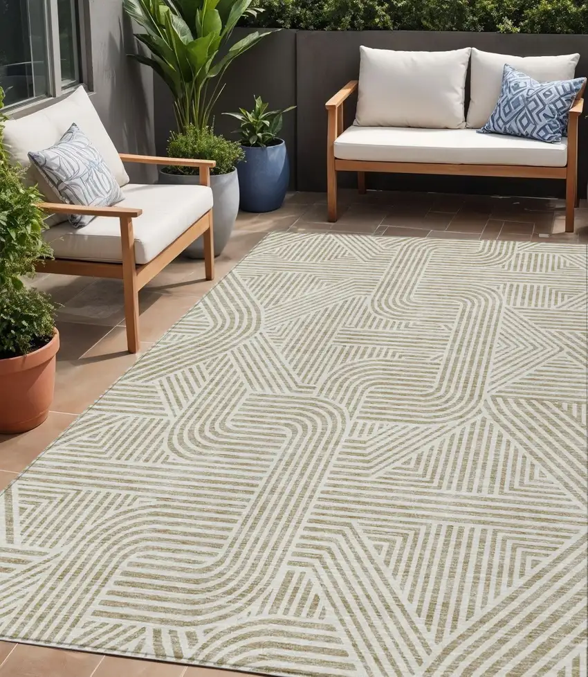 Beige And Brown Abstract Washable Indoor Outdoor Area Rug Photo 1