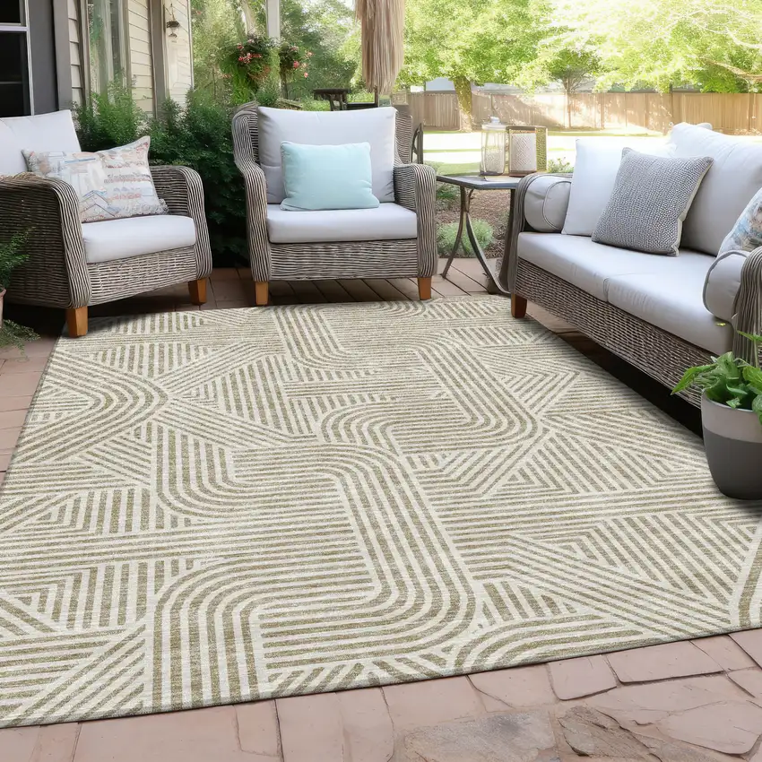 Beige And Brown Abstract Washable Indoor Outdoor Area Rug Photo 9