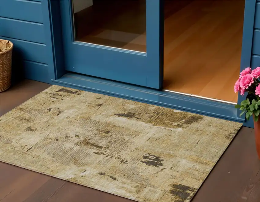 Beige And Brown Abstract Washable Indoor Outdoor Area Rug Photo 1