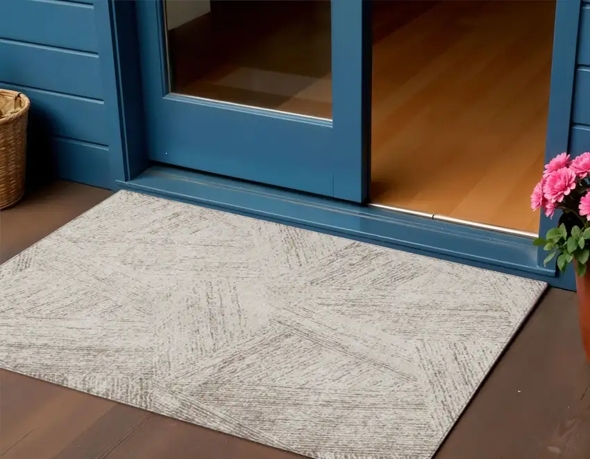 Beige And Brown Abstract Washable Indoor Outdoor Area Rug Photo 1