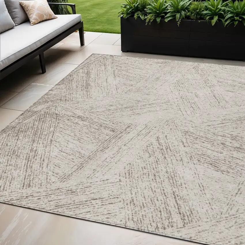 Beige And Brown Abstract Washable Indoor Outdoor Area Rug Photo 1
