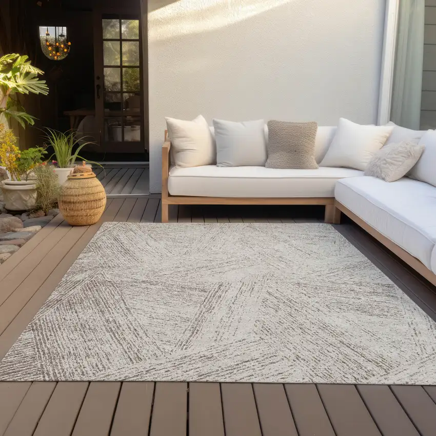 Beige And Brown Abstract Washable Indoor Outdoor Area Rug Photo 7
