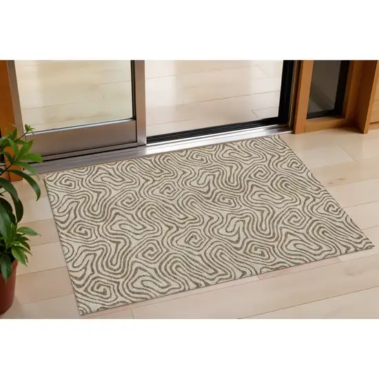 Beige And Brown Abstract Washable Indoor Outdoor Area Rug Photo 1