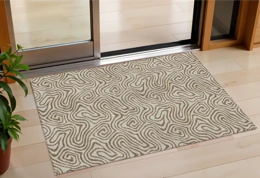 Beige And Brown Abstract Washable Indoor Outdoor Area Rug Photo 1
