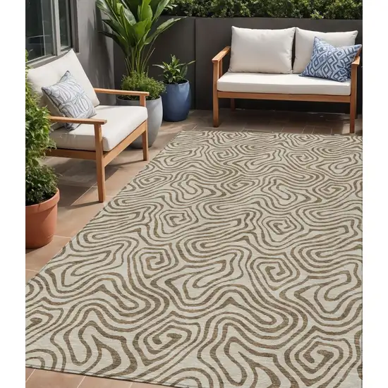 Beige And Brown Abstract Washable Indoor Outdoor Area Rug Photo 1