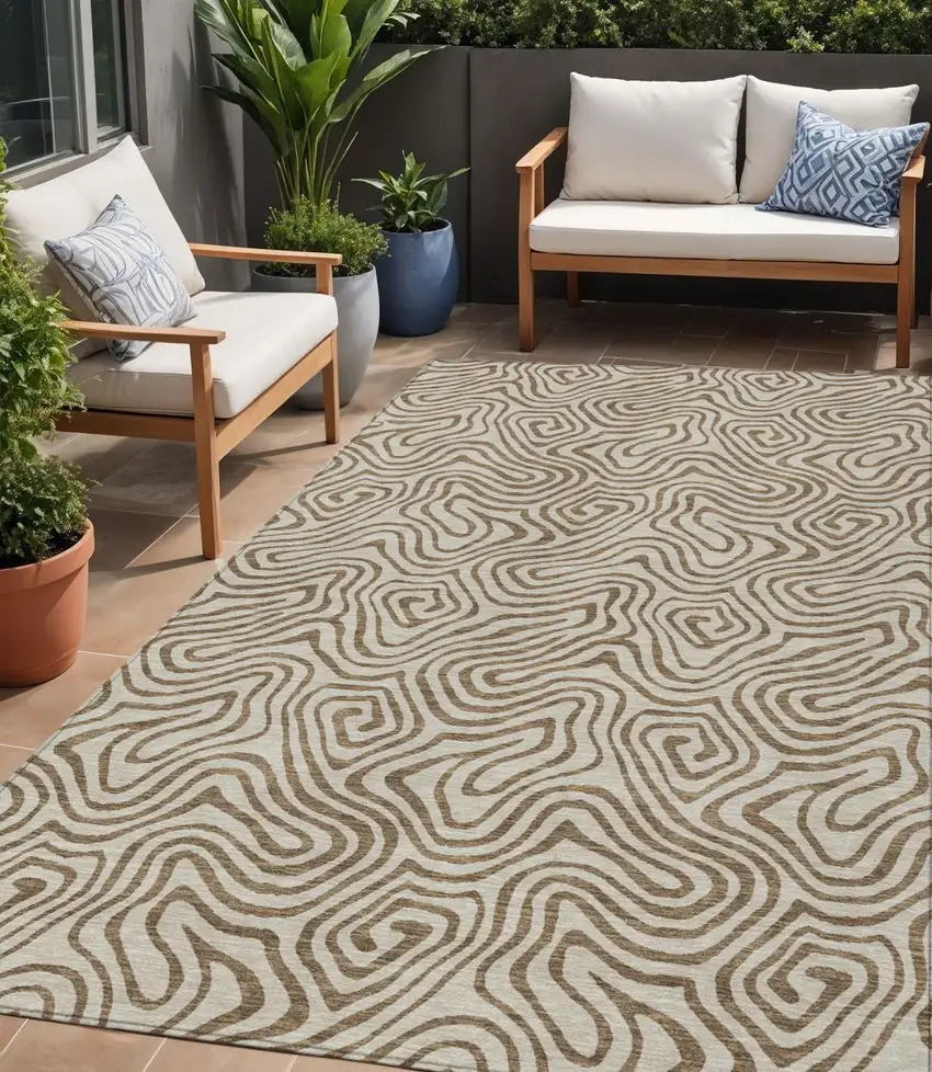 Beige And Brown Abstract Washable Indoor Outdoor Area Rug Photo 1