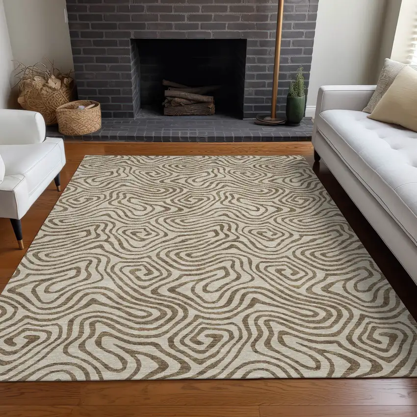 Beige And Brown Abstract Washable Indoor Outdoor Area Rug Photo 9