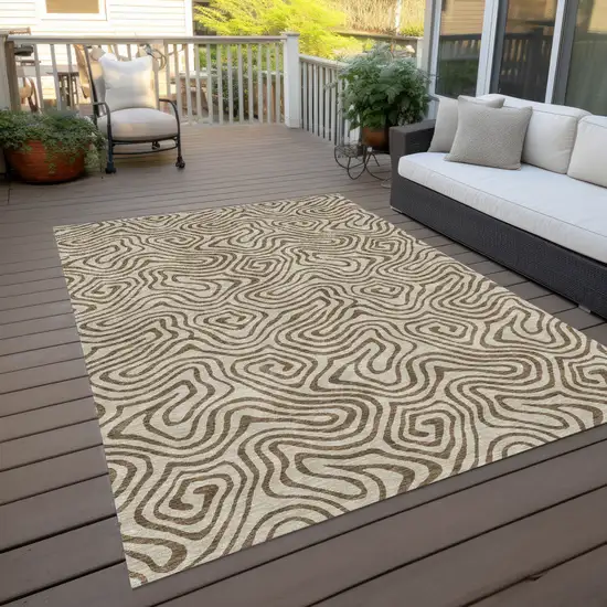Beige And Brown Abstract Washable Indoor Outdoor Area Rug Photo 8