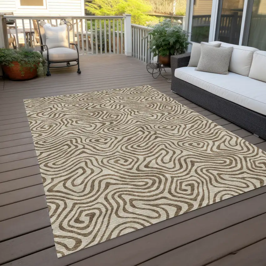 Beige And Brown Abstract Washable Indoor Outdoor Area Rug Photo 8