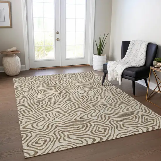 Beige And Brown Abstract Washable Indoor Outdoor Area Rug Photo 9