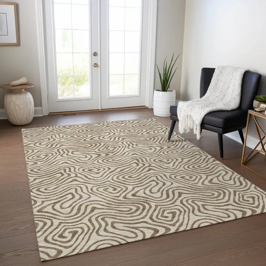 Beige And Brown Abstract Washable Indoor Outdoor Area Rug Photo 9