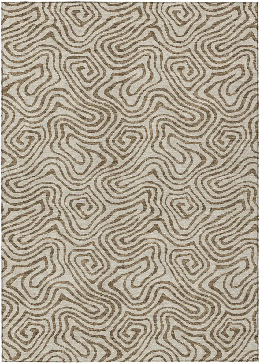 Beige And Brown Abstract Washable Indoor Outdoor Area Rug Photo 2
