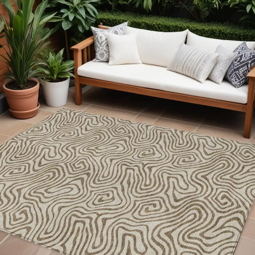 Beige And Brown Abstract Washable Indoor Outdoor Area Rug Photo 1