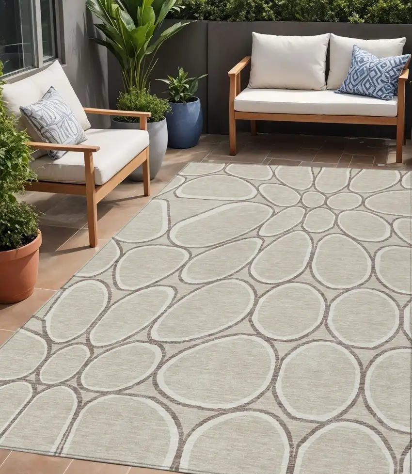 Beige And Brown Abstract Washable Indoor Outdoor Area Rug Photo 1