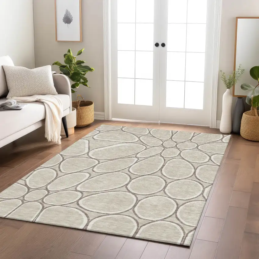Beige And Brown Abstract Washable Indoor Outdoor Area Rug Photo 9