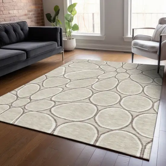 Beige And Brown Abstract Washable Indoor Outdoor Area Rug Photo 9