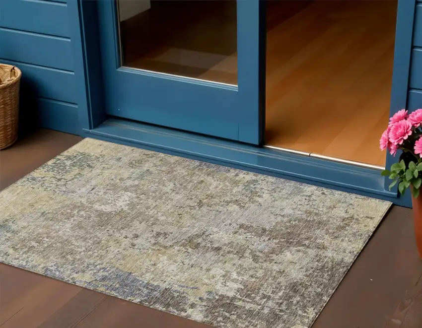Beige And Brown Abstract Washable Indoor Outdoor Area Rug Photo 1