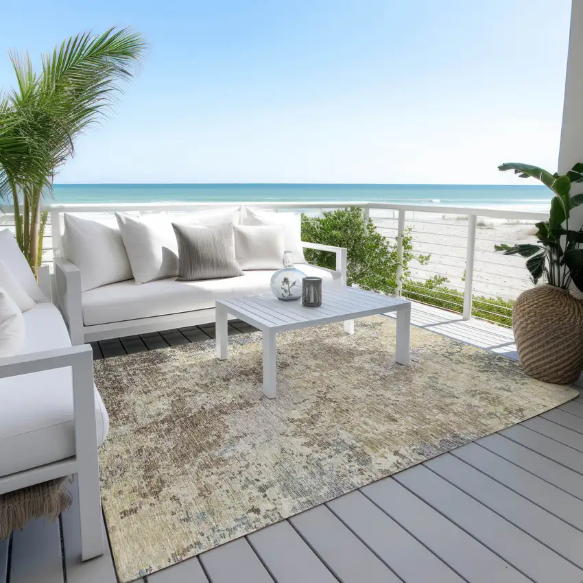 Beige And Brown Abstract Washable Indoor Outdoor Area Rug Photo 8