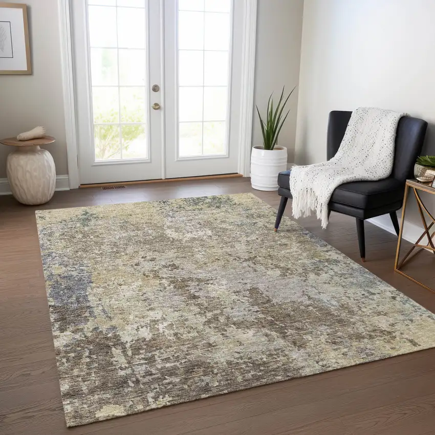 Beige And Brown Abstract Washable Indoor Outdoor Area Rug Photo 9