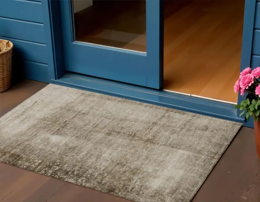 Beige And Brown Abstract Washable Indoor Outdoor Area Rug Photo 2