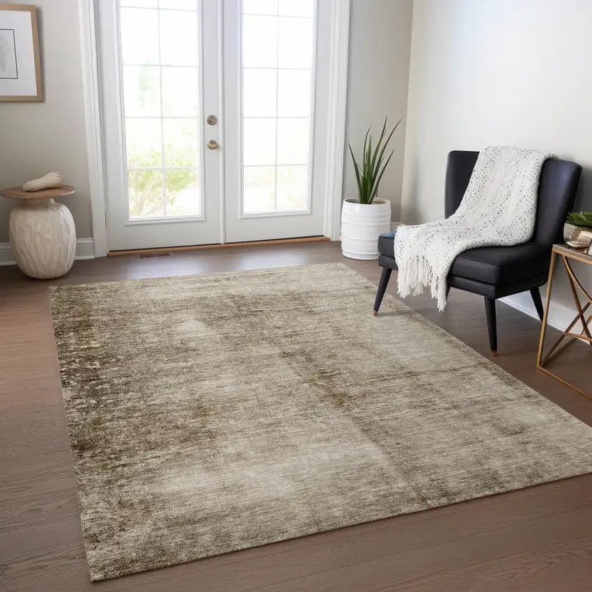 Beige And Brown Abstract Washable Indoor Outdoor Area Rug Photo 5