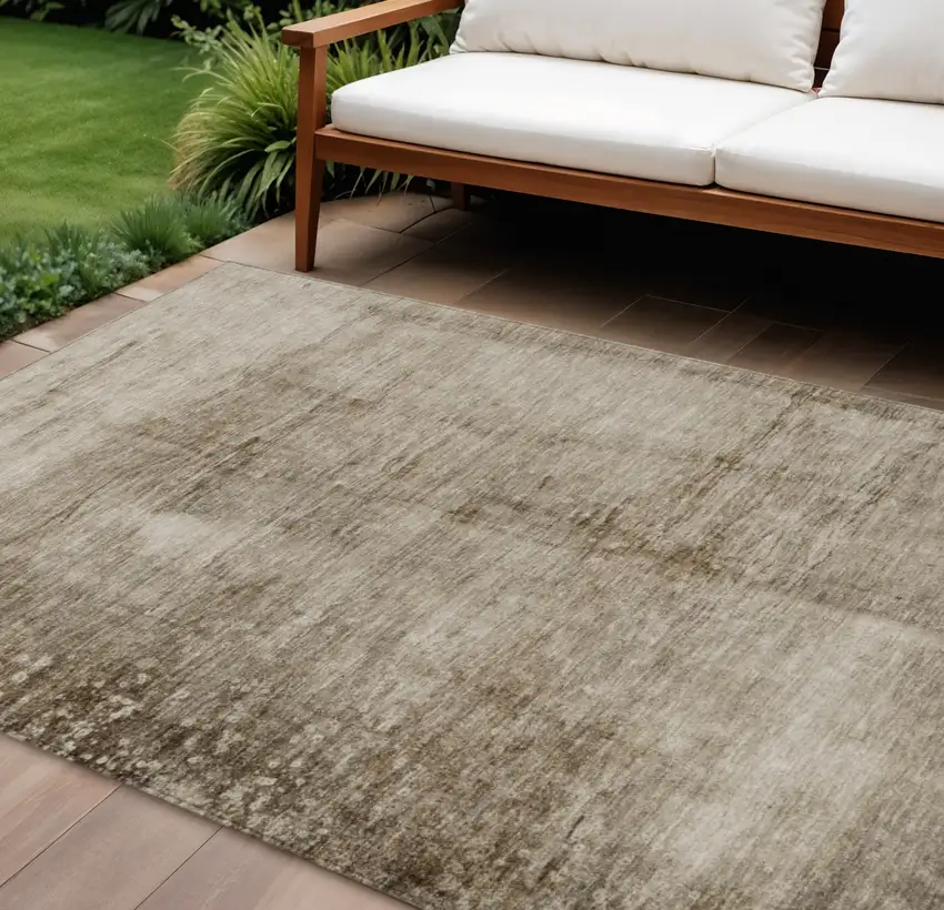 Beige And Brown Abstract Washable Indoor Outdoor Area Rug Photo 1